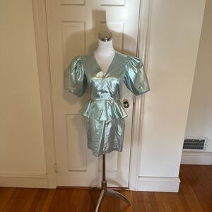 NWT ROTATE BirgerChristensen Mindy Metallic Aqua Peplum Dress Sz 6 Stich Issue